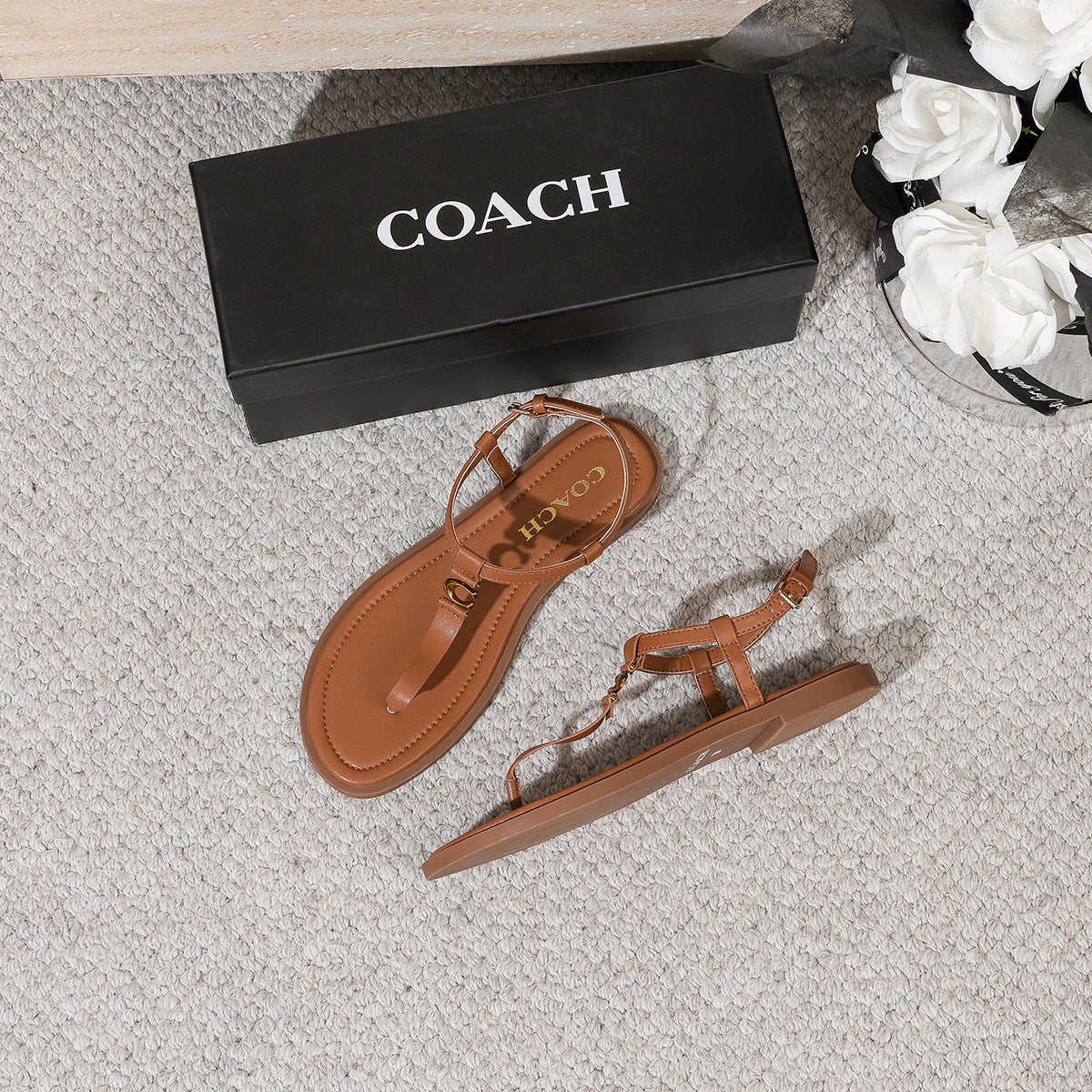 Coa Summer Versatile CH Sandalias de cuero genuino con pinzas para mujer, prenda plana Versátil sandalias de espiga romana, talla grande