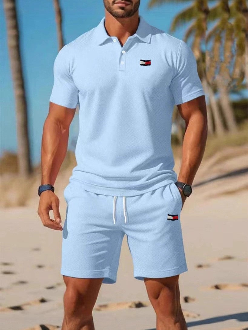 Conjunto casual fino de hombre con estampado Tommy de verano transfronterizo, camiseta corta de manga corta, conjunto de moda informal para hombre