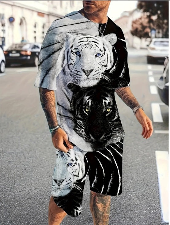 Conjunto casual de hip-hop casual de verano con impresión digital 3D de Amazon de Amazon lleva pantalones cortos de cuello redondo y manga corta sueltos