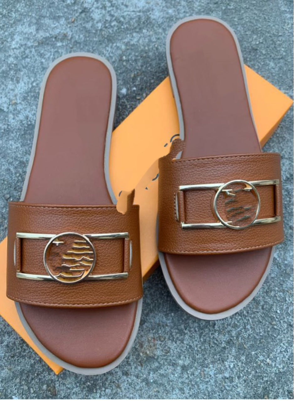 Exportación de comercio exterior transfronterizo, hebilla metálica marca L, zapatillas rectas clásicas de moda
