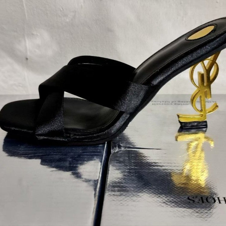 25 Nuevos zapatos de cruz de alta costura con tacones metálicos y zapatillas de tacón alto de seda para mujer, tacones altos abiertos y sensuales