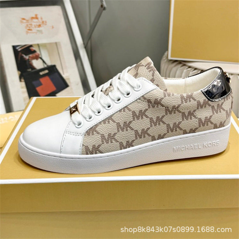 2024MK moda nuevas zapatillas blancas de mujer, piel de becerro, hebilla metálica con cordones, zapatillas de escalada, tendencia zapatillas de correr