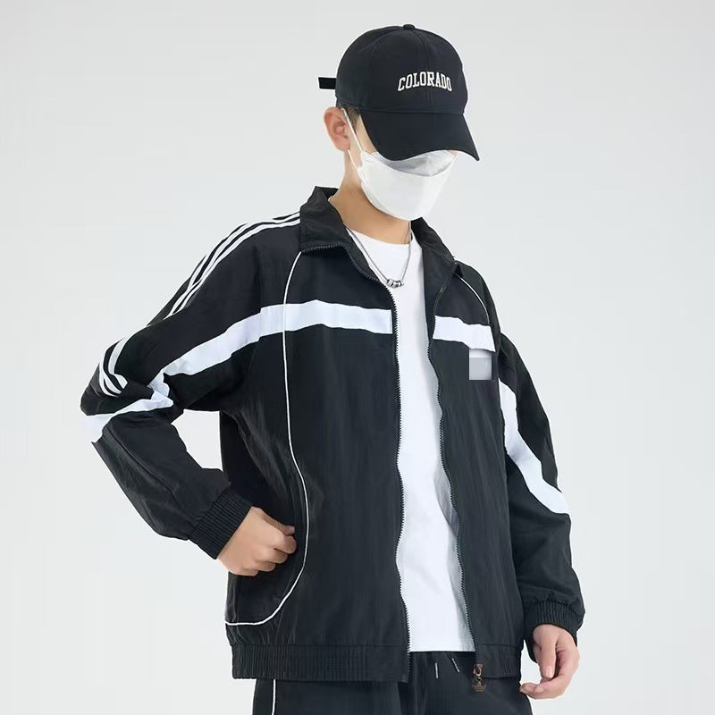 春・秋用カラーブロックバーシティジャケット、メンズハイネックジャケット、トレンチコート、刺繍ラベル、シンプルで通気性あり、3797