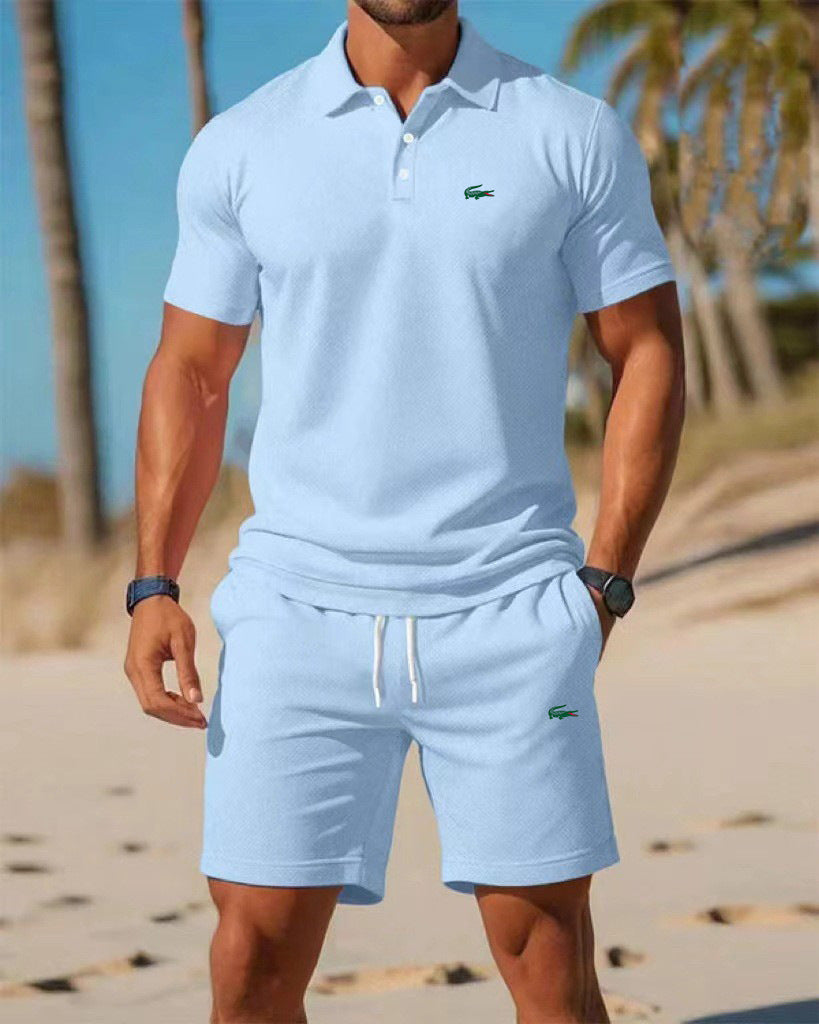 Polo negro de manga corta + pantalones cortos de verano 2026 Conjunto deportivo casual, sencillo, a la moda, de secado rápido, transpirable