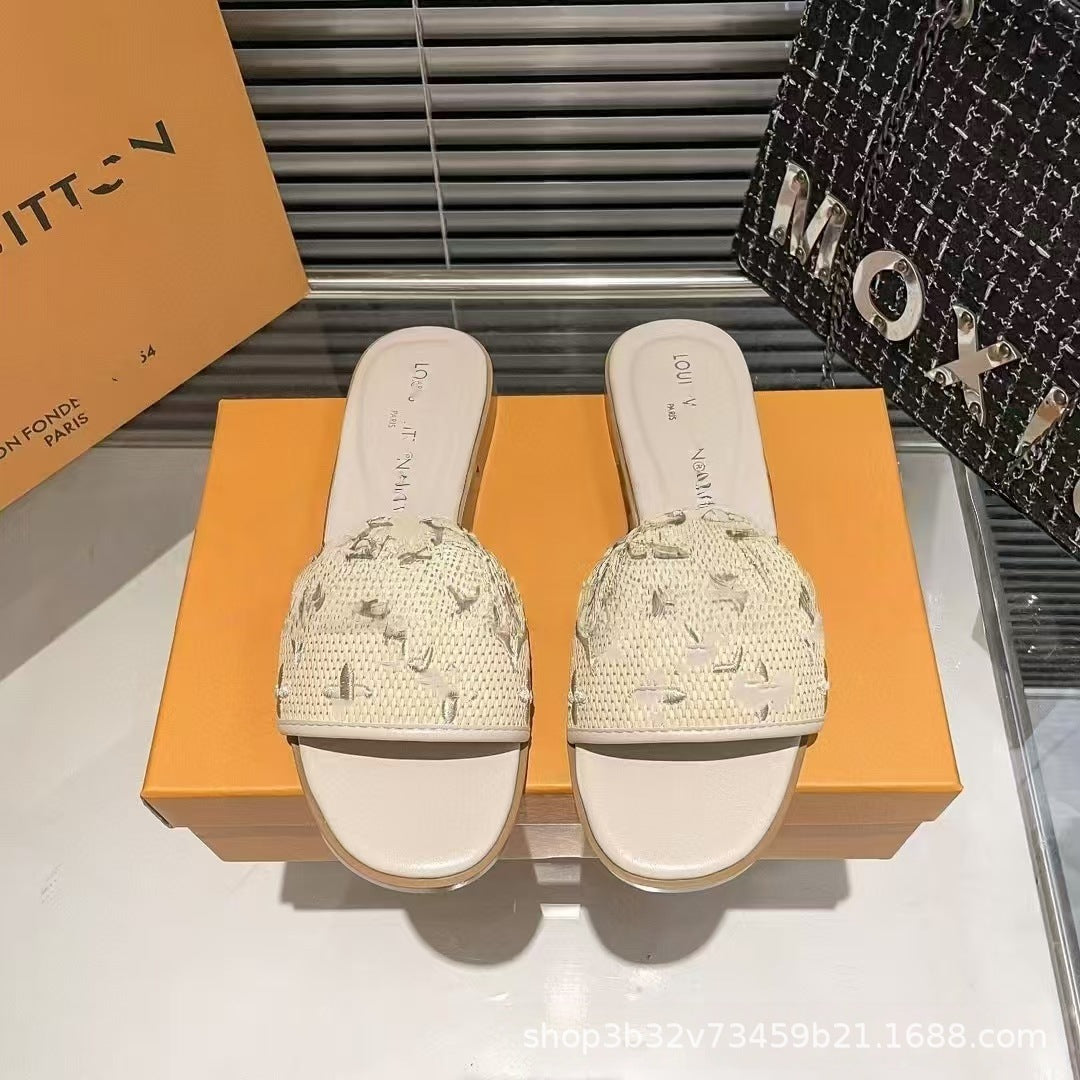 Sandalias Planas Mujer Logo LV | Tela Jacquard Suela Goma Playa