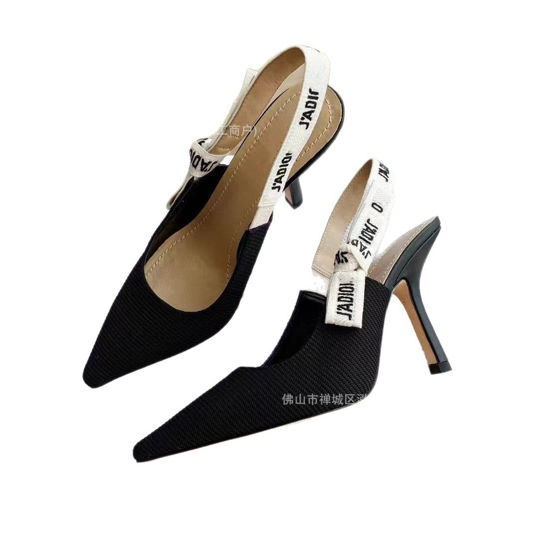 Primavera y otoño 2026 Nuevos tacones altos Zapatos familiares D Lazos de letras bordados Sandalias de cuero genuino Tacones de gato Tacones de aguja para mujer