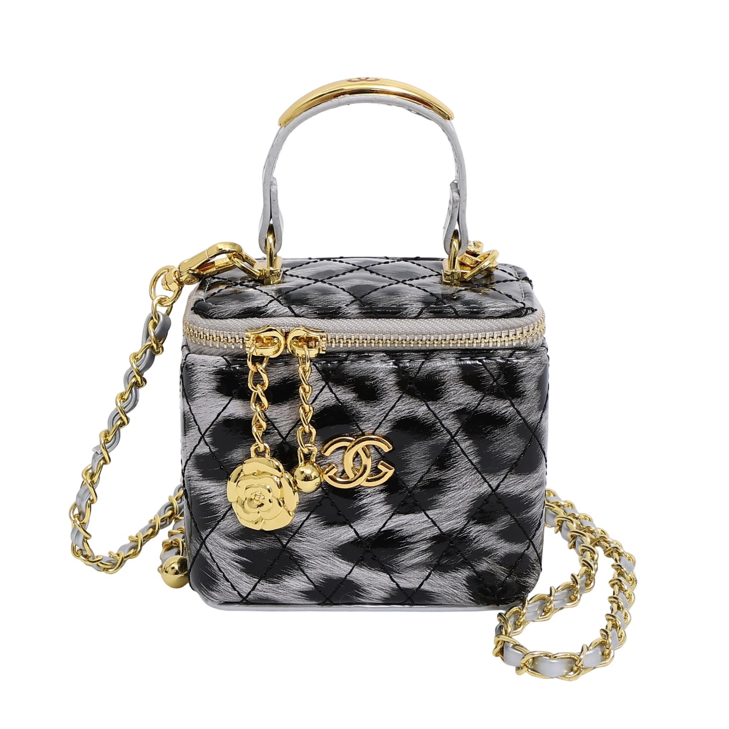 Bestsellers de comercio exterior: bolso pequeño cuadrado con estampado de leopardo, bolso cruzado de un solo hombro estilo estilo Chanel brillante, bolso caja con cadenas bordados con diamantes