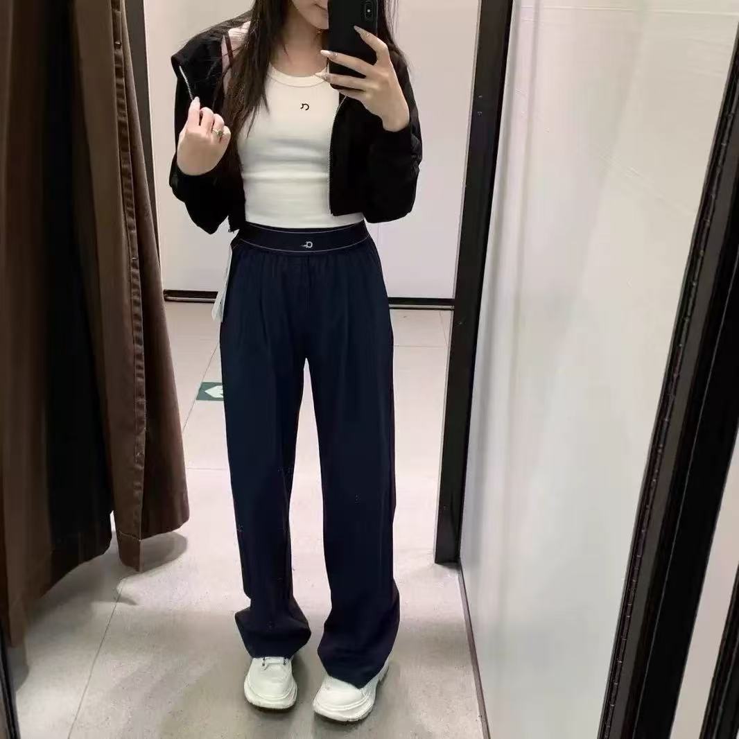 Pantalones de cinco colores de secado rápido para mujer 2025, pantalones largos casuales con letras reflectantes, pantalones largos largos de pierna recta AL con caída y capiada primavera/verano