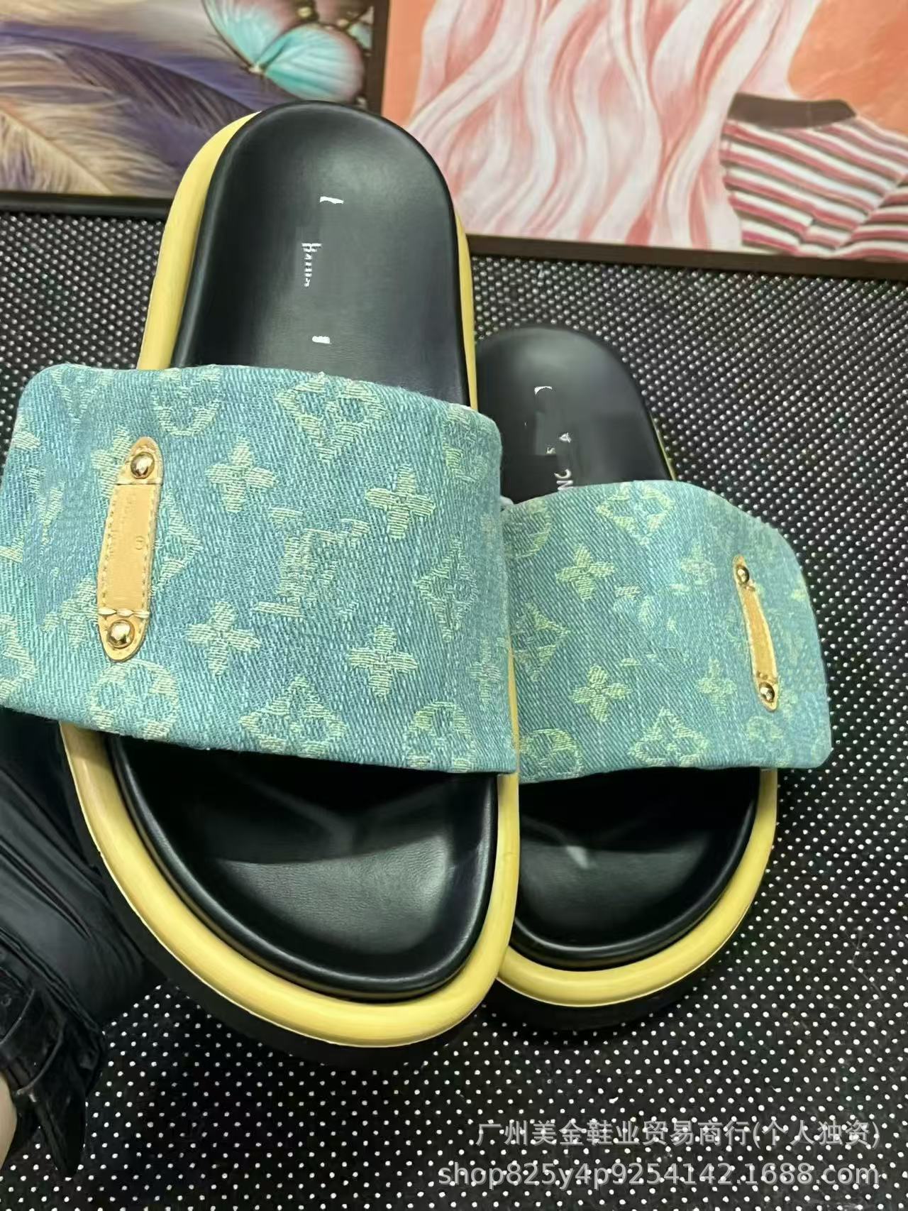 Zapatillas de Velcro de suela gruesa Donkey Home para mujer, 2025 Nuevas zapatillas antideslizantes de denim con letras antideslizantes para exportación