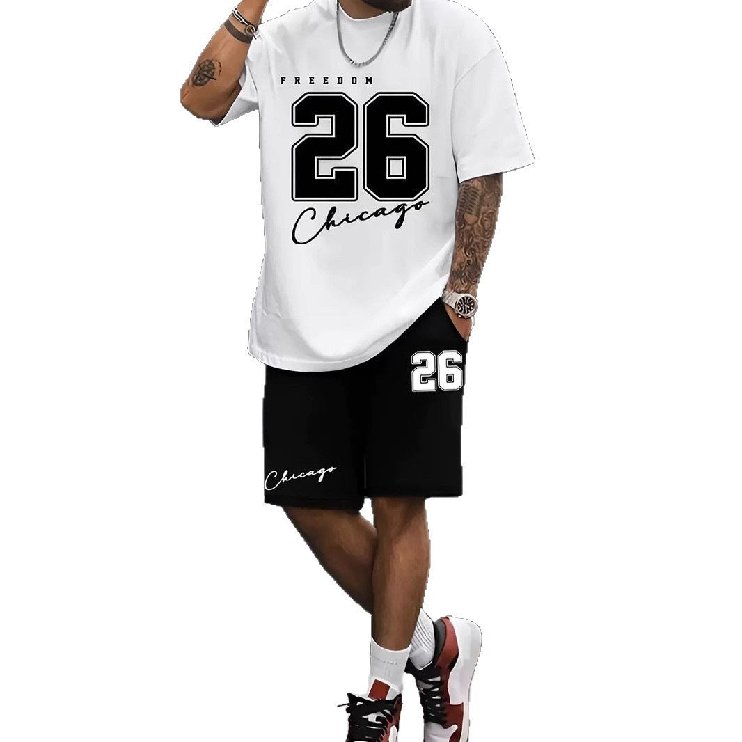 Conjunto casual de hip-hop casual de verano con impresión digital 3D de Amazon de Amazon lleva pantalones cortos de cuello redondo y manga corta sueltos