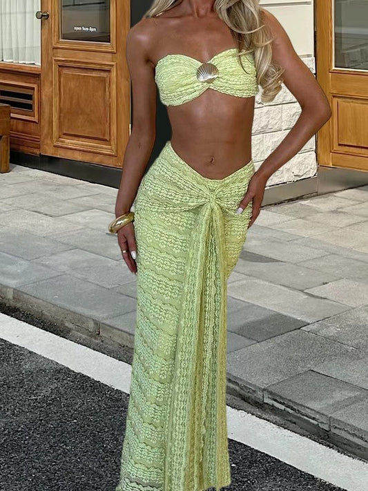 Conjunto de bikini de playa de playa de comercio exterior europeo y americano, falda midi sexy de playa de color sólido, 2025