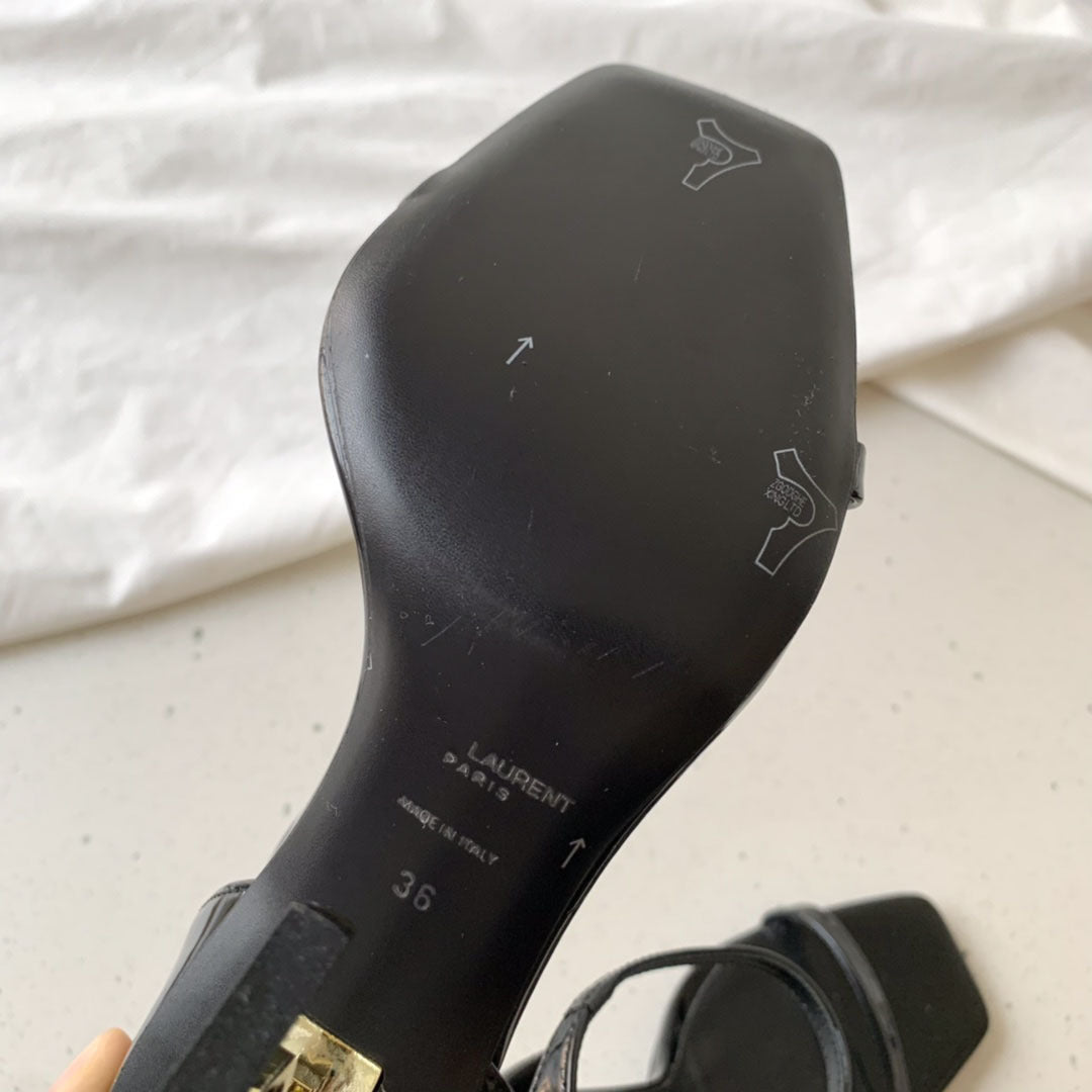 Sandalias SYL superventas transfronterizas para mujer, tacones metálicos Yang Shulin, tacones altos Saint Laurent de una sola tira de charol para mujer, talla grande
