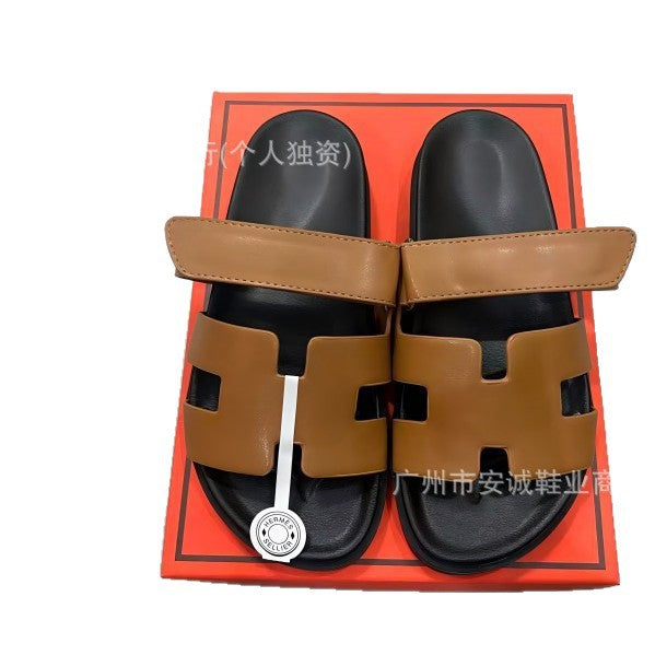 Sandalias Planas Velcro Mujer Suela Gruesa Cuero
