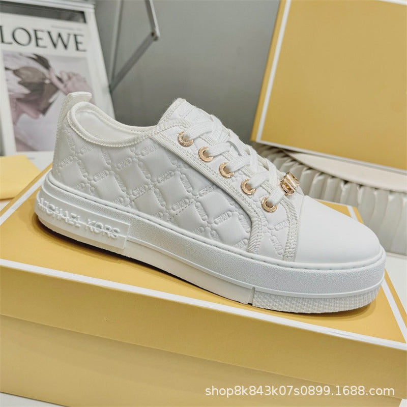 2024MK moda nuevas zapatillas blancas de mujer, piel de becerro, hebilla metálica con cordones, zapatillas de escalada, tendencia zapatillas de correr