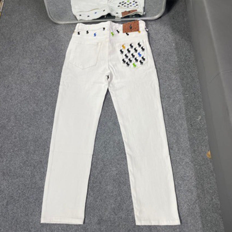 Jeans P.R.L. bianchi ricamati con cavallo unisex