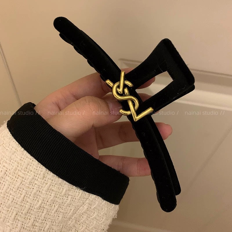 Pinza de pelo estilo Chanel con lazo de terciopelo negro, pinza vintage francesa, accesorio premium de clip de tiburón