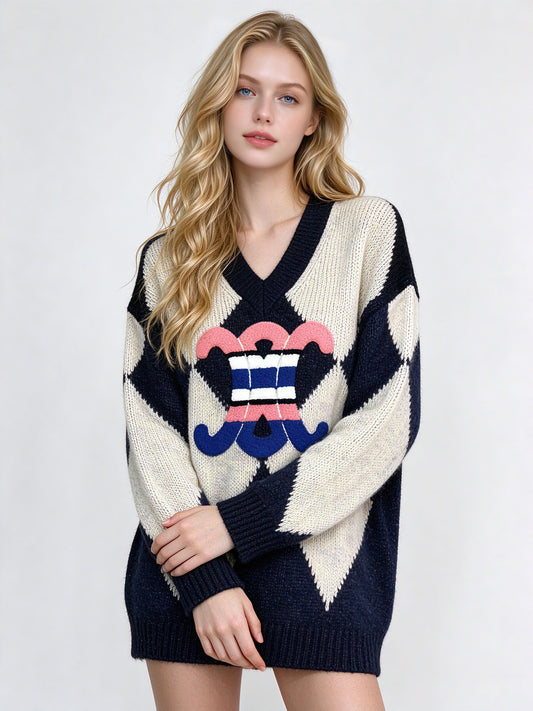 Maglione a rombi donna CE | Color block e ricamo