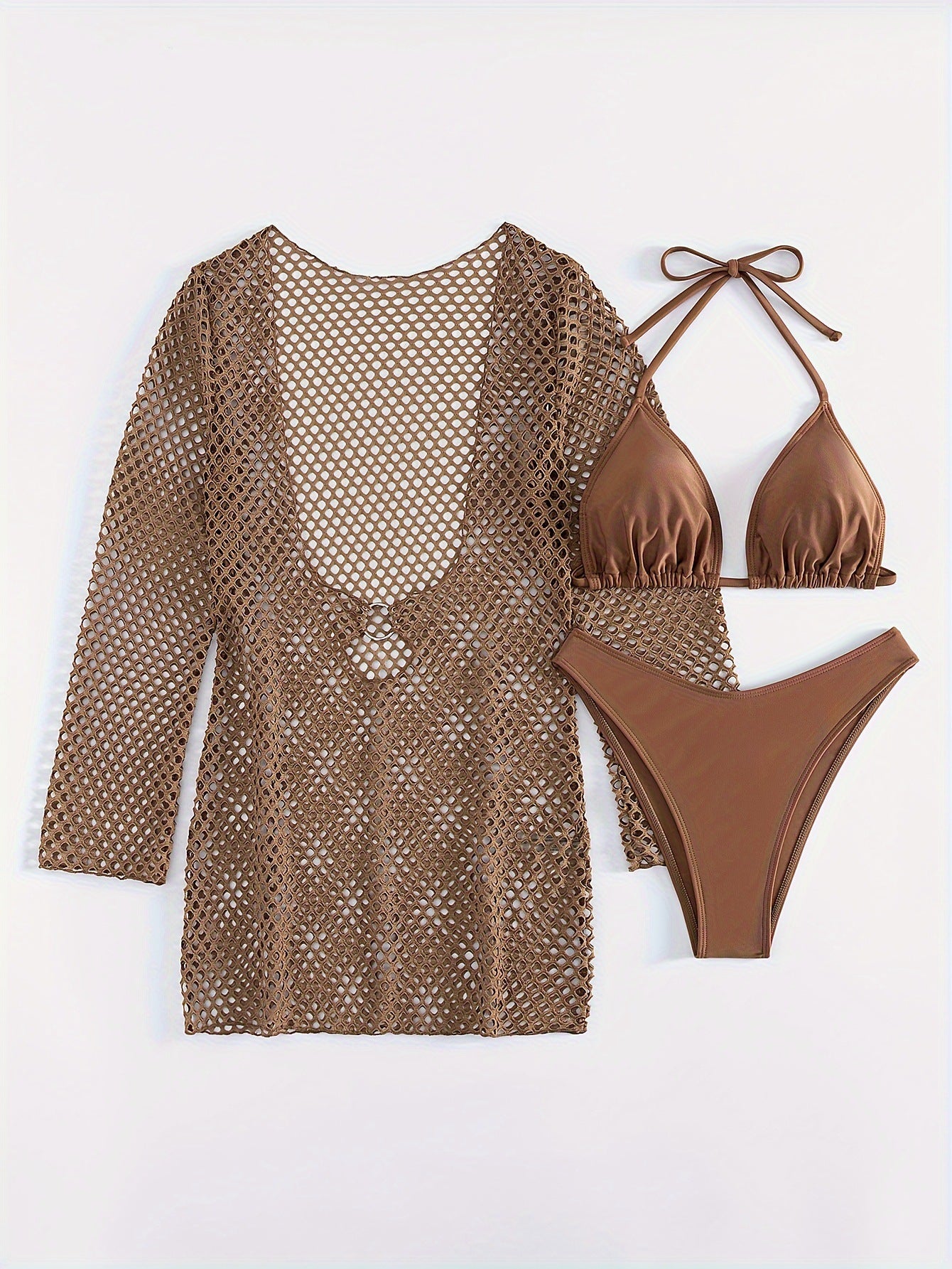 Vestido de verano transfronterizo europeo y americano para proteger el sol de playa, conjunto de bikini de playa transparente de punto hueco y sexy