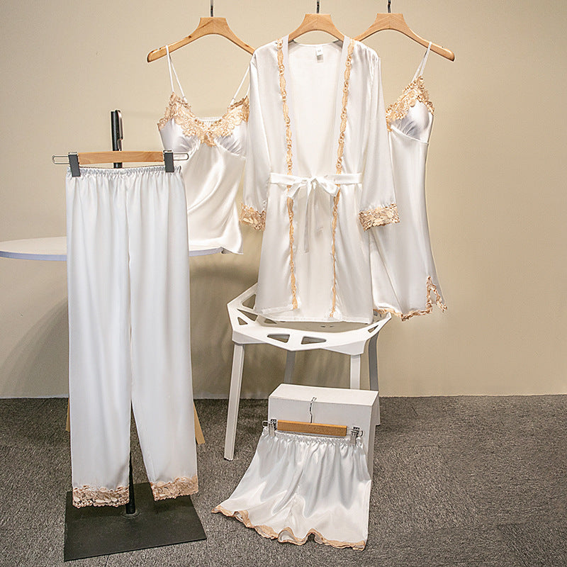 Nuevos pijamas transfronterizos para el comercio exterior con protectores en el pecho, camisetas de seda sexys, conjunto dorado de cinco piezas florales y ropa cómoda fina
