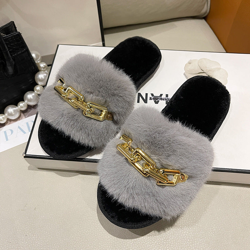 Zapatillas de piel nuevas para otoño e invierno transfronterizas, zapatillas de piel nuevas, moda femenina, cálida y gran cadena, zapatillas de tacón plano, tacón plano, comercio exterior