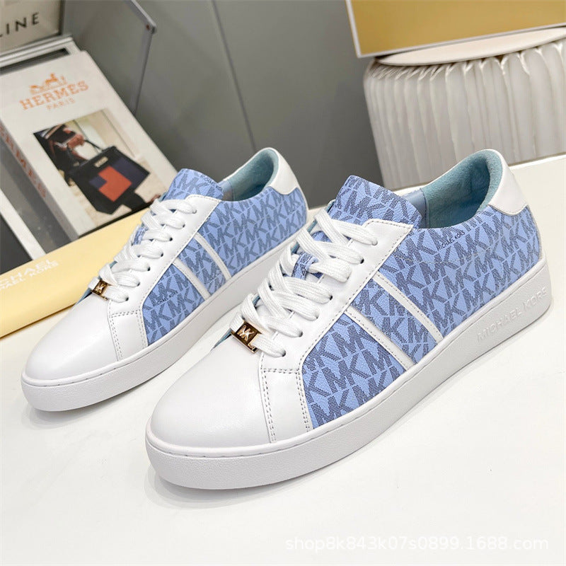 2024MK moda nuevas zapatillas blancas de mujer, piel de becerro, hebilla metálica con cordones, zapatillas de escalada, tendencia zapatillas de correr