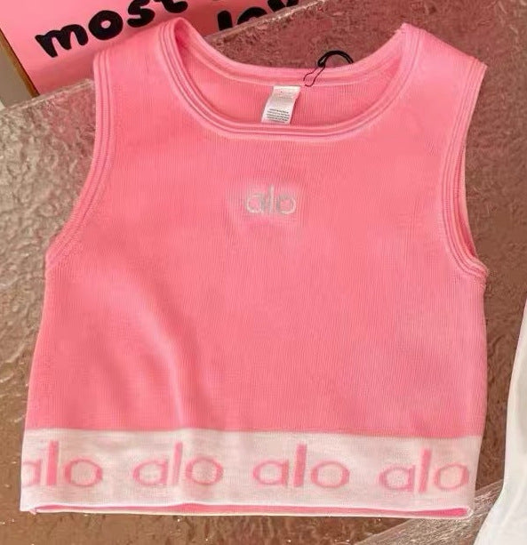Nuevo verano camiseta deportiva casual sin mangas I-line para mujer slim slim sliming short ribbed con almohadillas de sujetador y camiseta de yoga