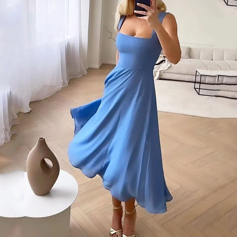 2023 Comercio Exterior Transfronterizo Europa y América Amazon Verano nuevo con escote cuadrado con tirantes finos Vestido elegante que ceñe la cintura Vestido largo elegante