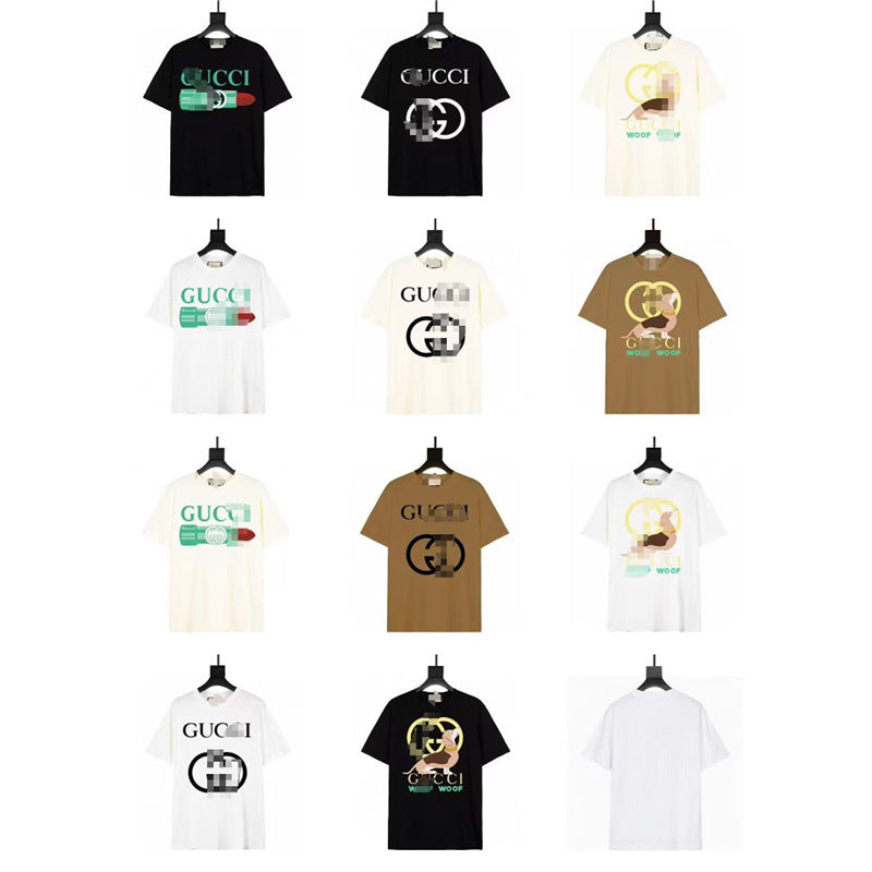 Letra de la familia G, camiseta con estampado de perro de pan, doble anillo, gran logo, manga corta, hombre y mujer de la misma pareja, estilo transfronterizo