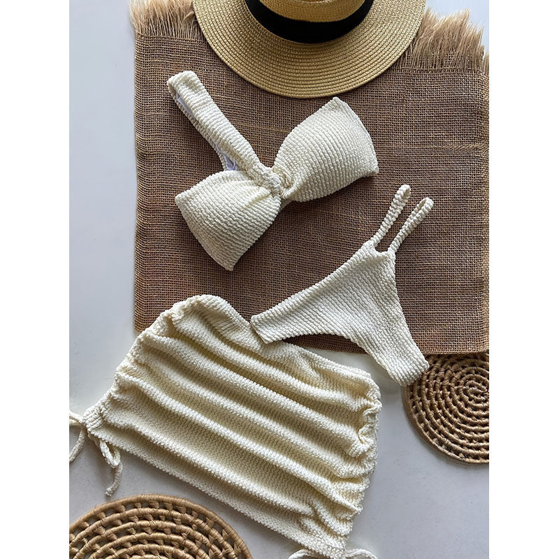 2026 Nuevo AliExpress 2026 falda de playa de color sólido de tres piezas en bikini sexy para mujer y bañador de aguas termales