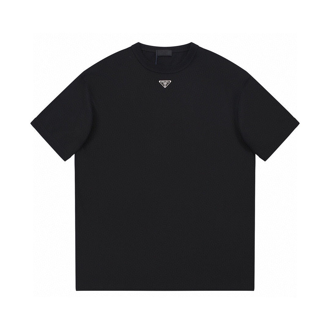 Versión de lujo de alta gama pra Pujia triángulo metálico LOGO, camiseta unisex de verano suelta y versátil con estampado y manga corta