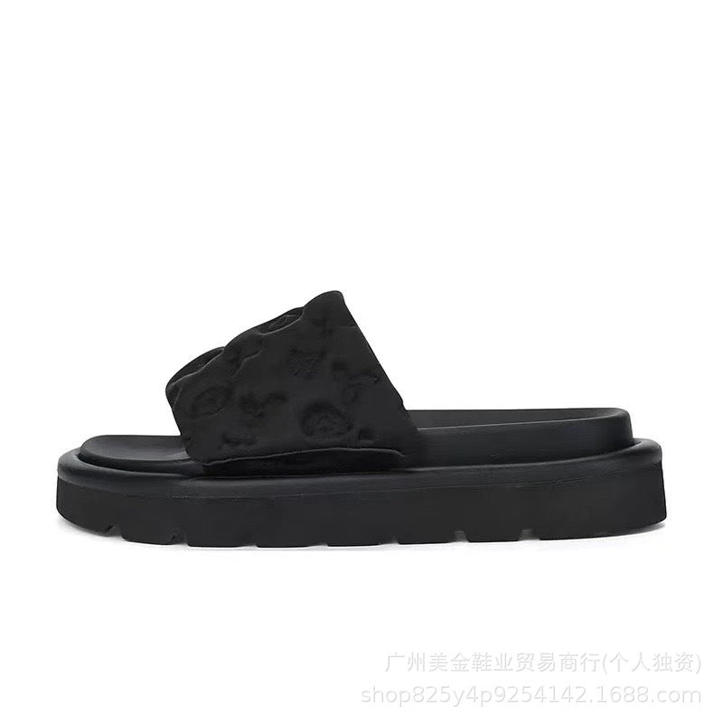 Zapatillas de Velcro de suela gruesa Donkey Home para mujer, 2025 Nuevas zapatillas antideslizantes de denim con letras antideslizantes para exportación