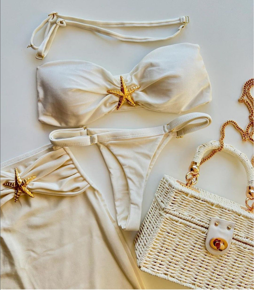 Conjunto de camiseta de tres piezas 2025 nuevo bikini sexy de color sólido con biquinio dividido transfronterizo en un bañador