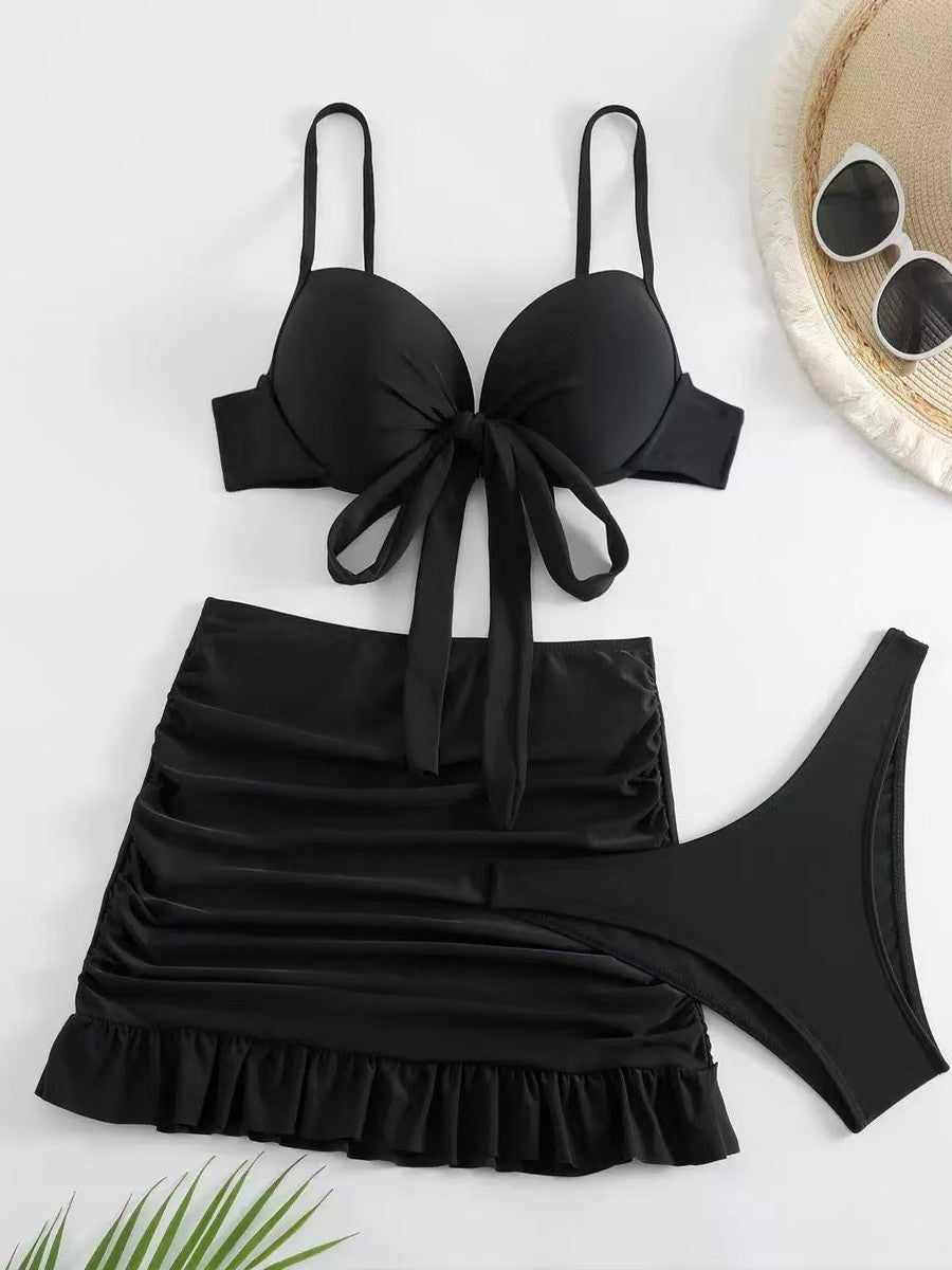 Conjunto de bañador femenino de tres piezas dividido en color sólido transfronterizo, nuevo bañador europeo y estadounidense de alta gama, sensual y ajustado con tirantes