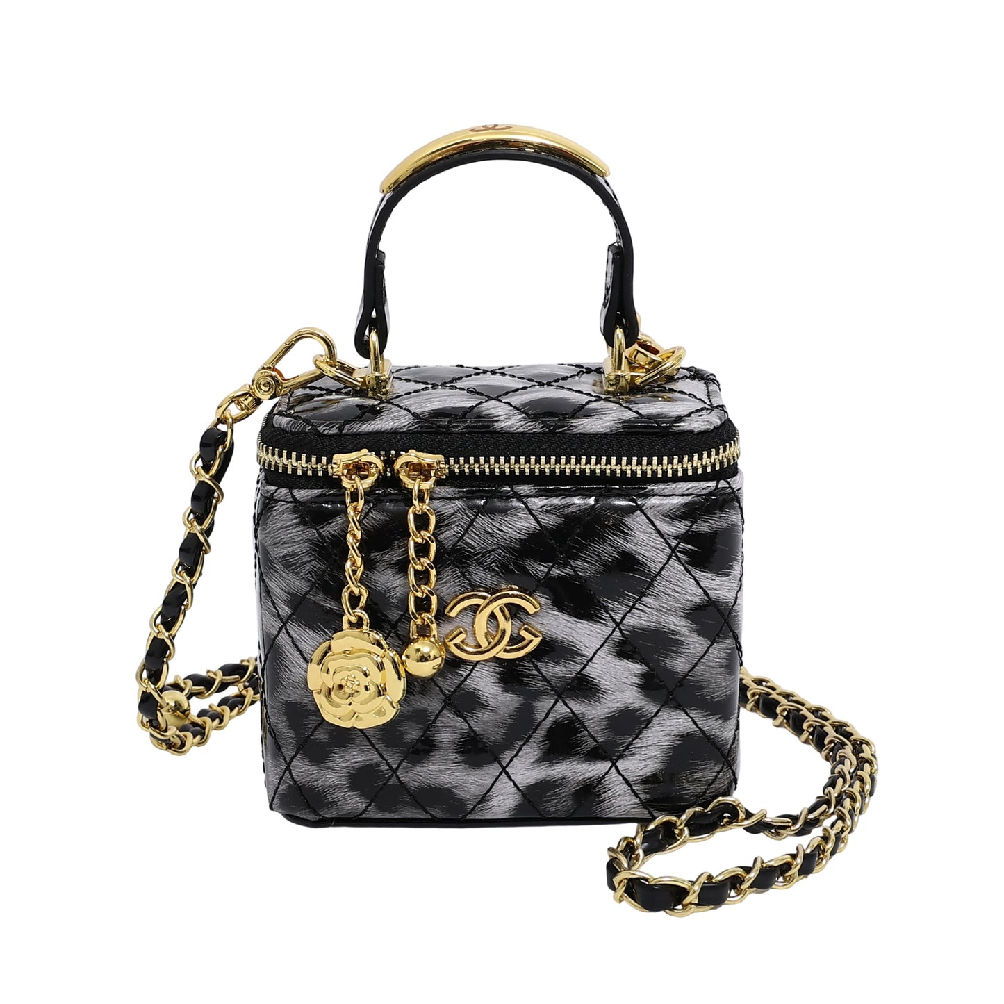 Bestsellers de comercio exterior: bolso pequeño cuadrado con estampado de leopardo, bolso cruzado de un solo hombro estilo estilo Chanel brillante, bolso caja con cadenas bordados con diamantes