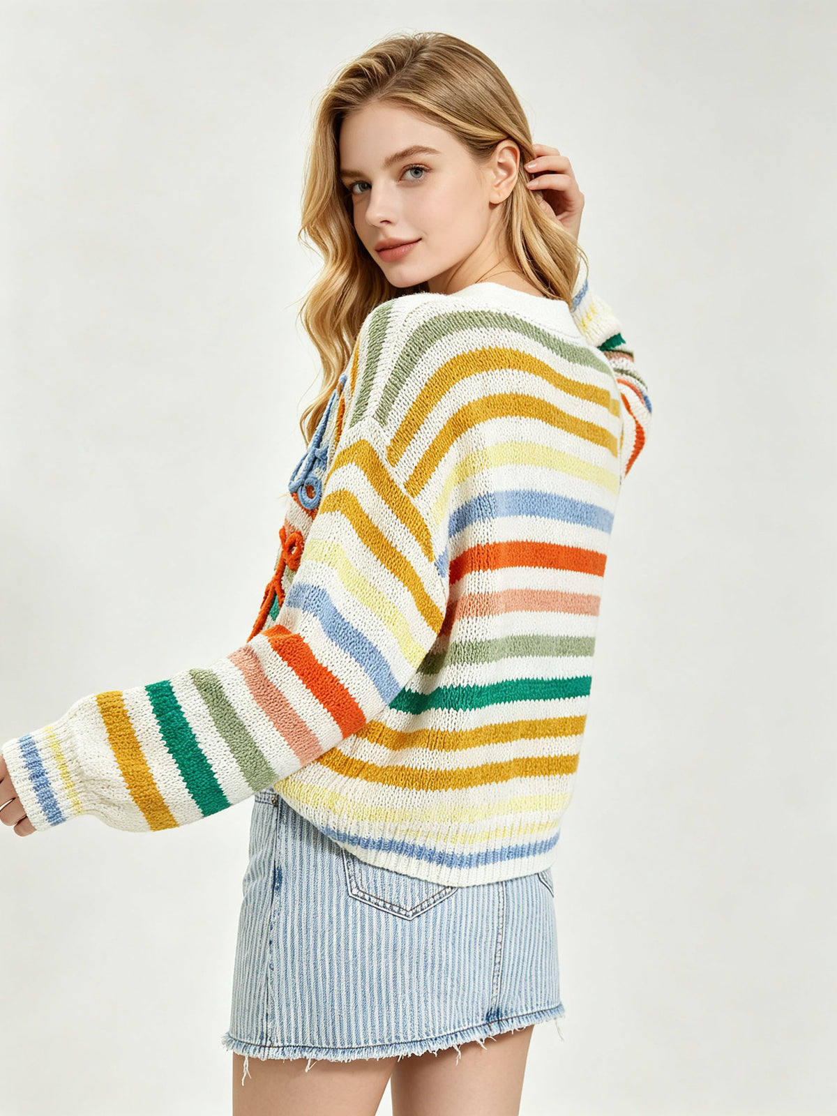 Women's openwork cardigan L | Stripes and V-neck