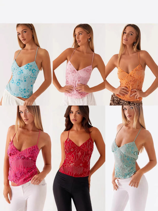 Nueva camiseta europea y americana de verano transfronteriza de Amazon 2025 Bordado brillante Chaleco fino Camisola sexy de Spice Girl