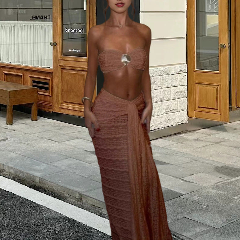 Conjunto de bikini de playa de playa de comercio exterior europeo y americano, falda midi sexy de playa de color sólido, 2025