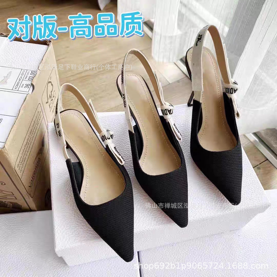 Primavera y otoño 2026 Nuevos tacones altos Zapatos familiares D Lazos de letras bordados Sandalias de cuero genuino Tacones de gato Tacones de aguja para mujer