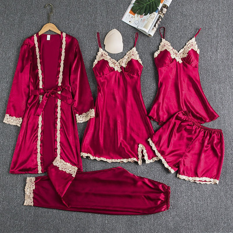 Nuevos pijamas transfronterizos para el comercio exterior con protectores en el pecho, camisetas de seda sexys, conjunto dorado de cinco piezas florales y ropa cómoda fina