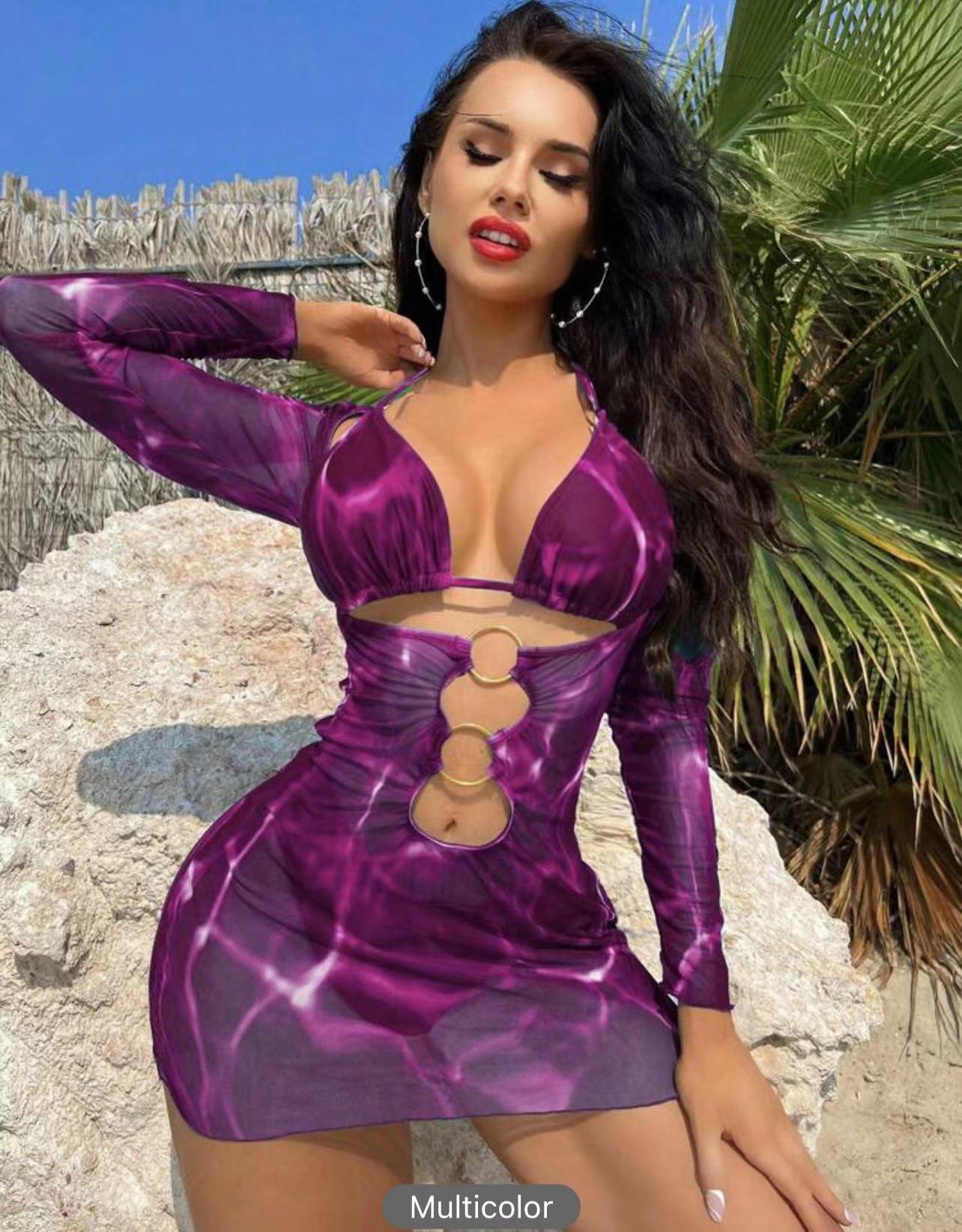 Nuevo bikini de manga larga de manga larga de rejilla de malla multicolor de Amazon 2024 2024
