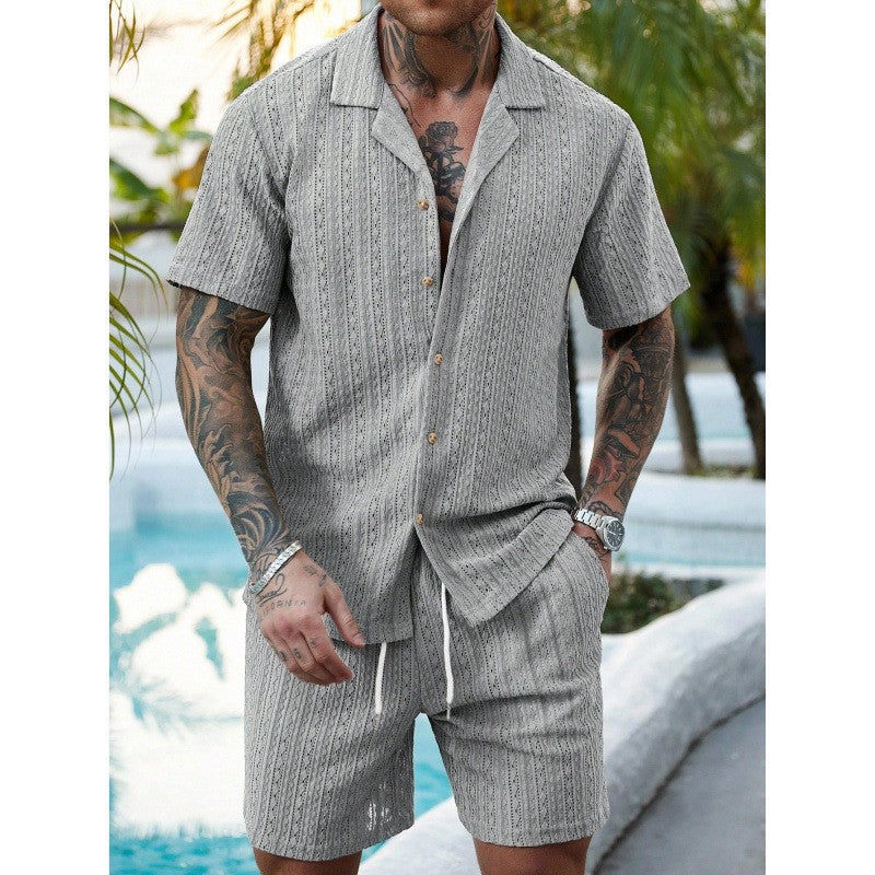 Nuevo cárdigan casual TK 2026 para hombre, camisa de verano de manga corta, pantalones cortos con cordón, ropa masculina de dos piezas