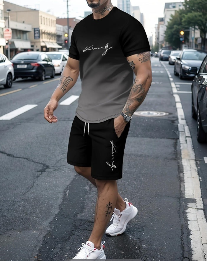 Conjunto casual de hip-hop casual de verano con impresión digital 3D de Amazon de Amazon lleva pantalones cortos de cuello redondo y manga corta sueltos