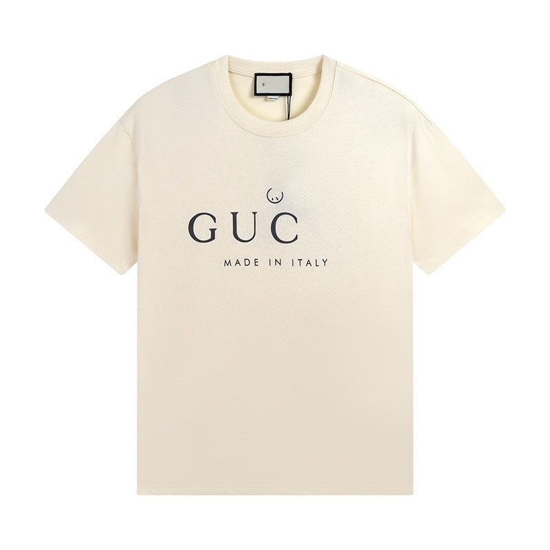 Camiseta alta de alta versión transfronteriza de GU Home 2025, nueva letra con estampado de pedrería, manga corta unisex suelta Gujia