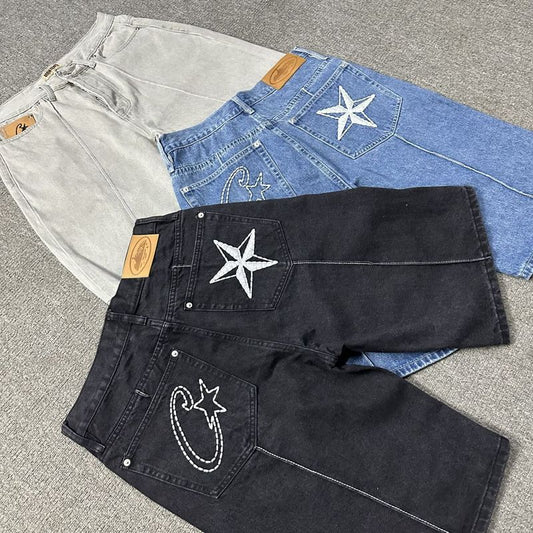 Corteiz Alcatraz Jeans new embroidered star, American fashion vintage distressed casual shorts