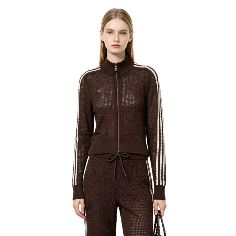 Completo donna in maglia traforata, maglietta a maniche lunghe e pantaloni, due pezzi