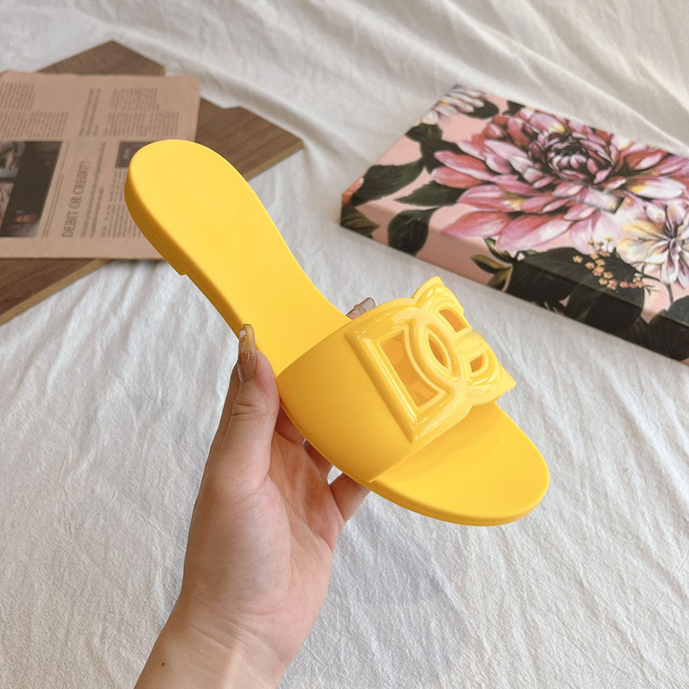 25 sandalias europeas y americanas D New G para mujer casual casual off-line, zapatillas anti-fruta de gelatina, zapatillas planas antideslizantes de playa