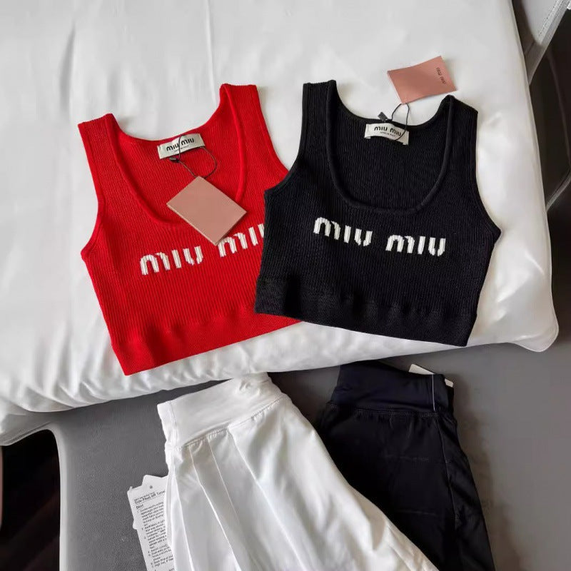 MM24 chaleco corto de punto versátil de letras jacquard de verano de nueva moda