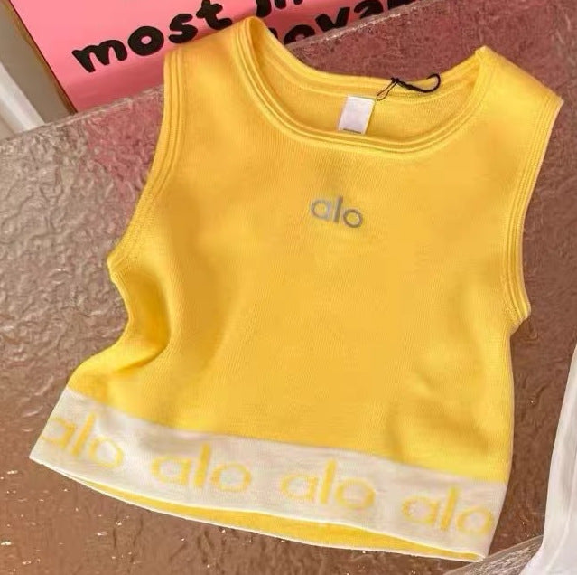 Nuevo verano camiseta deportiva casual sin mangas I-line para mujer slim slim sliming short ribbed con almohadillas de sujetador y camiseta de yoga