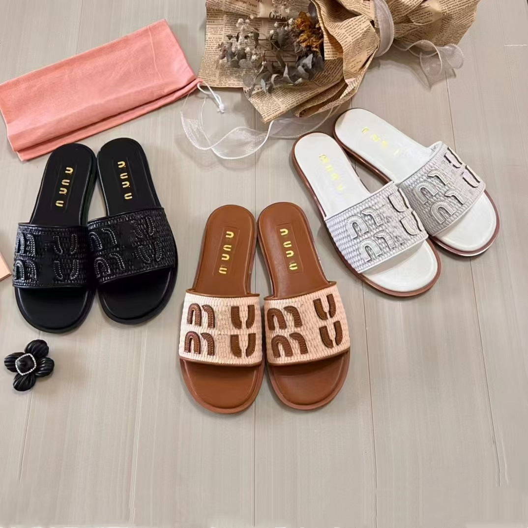 Zapatillas planas de lino tejido MU para mujer, sandalias antideslizantes off-line para verano, zapatillas de playa versátiles, envío inmediato de Pure Source
