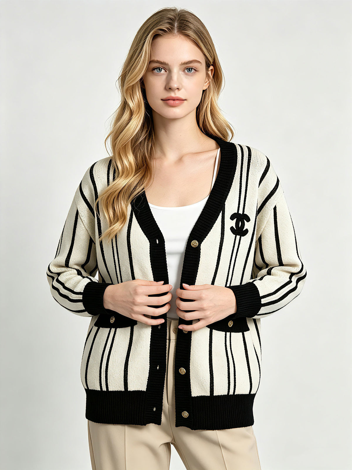 Women's CH cardigan | Vertical stripes and V-neck